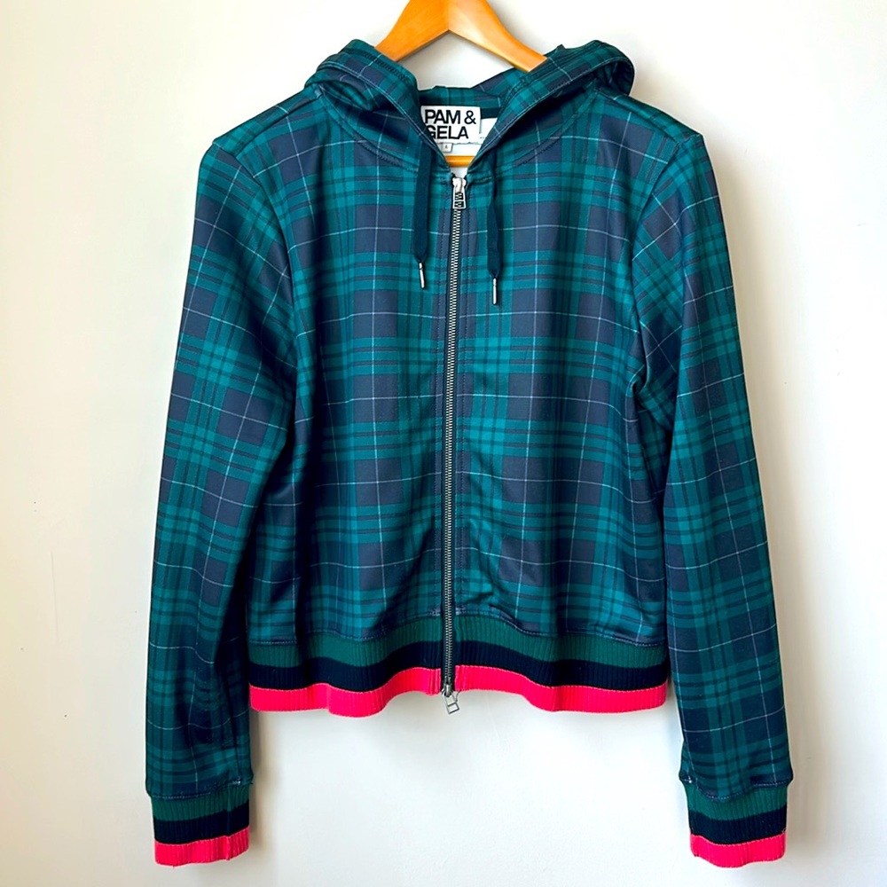 PAM & GELA tartan / plaid green and black hooded jacket size L